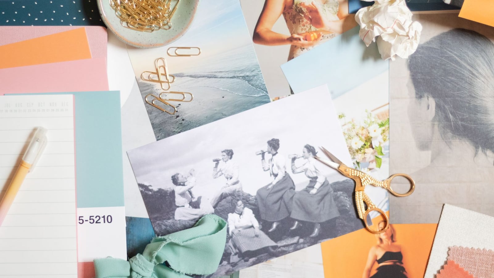 A creative moodboard with notes and images used for planning a corporate blog.
